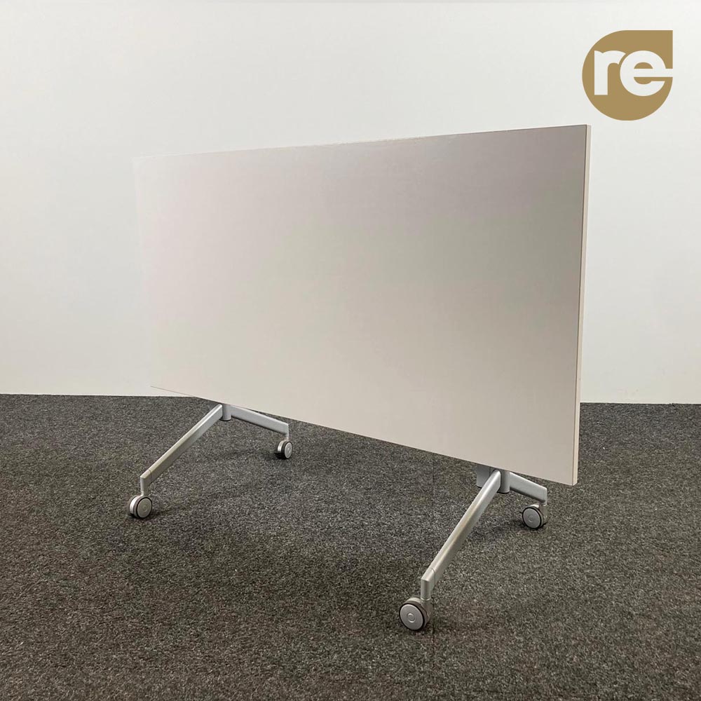 Table pliante B140xD70xH73 - mélamine blanche / métal gris pied en y