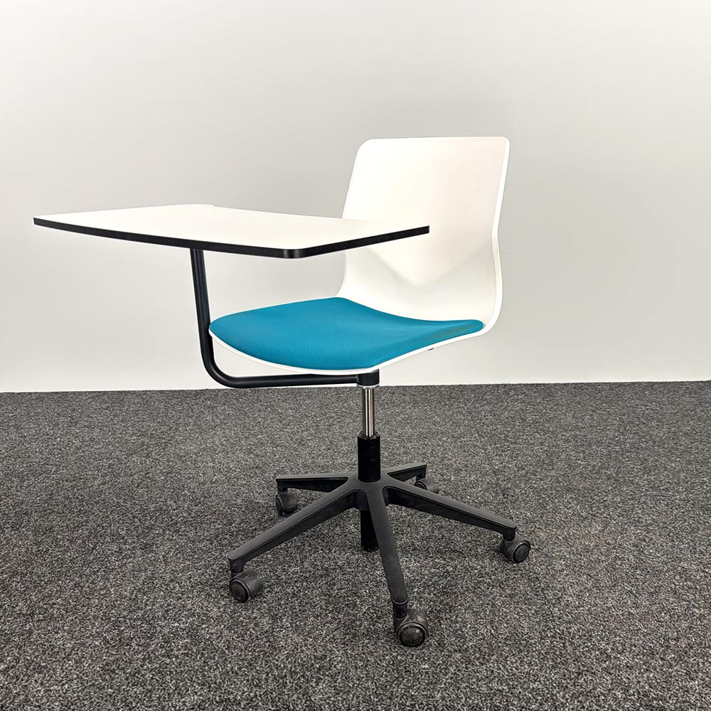 FOURDESIGN Auditoriumstoel - wit kunststof / appelblauwe stof / zwart metaal kruisvoet - Afbeelding 2
