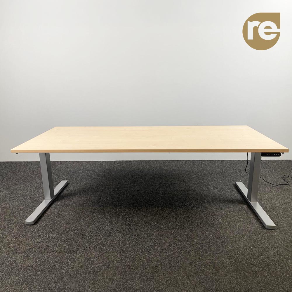 BULO Bureau assis-debout électrique B200xD90xH64-130 - hpl imitation bois / métal gris pied en t