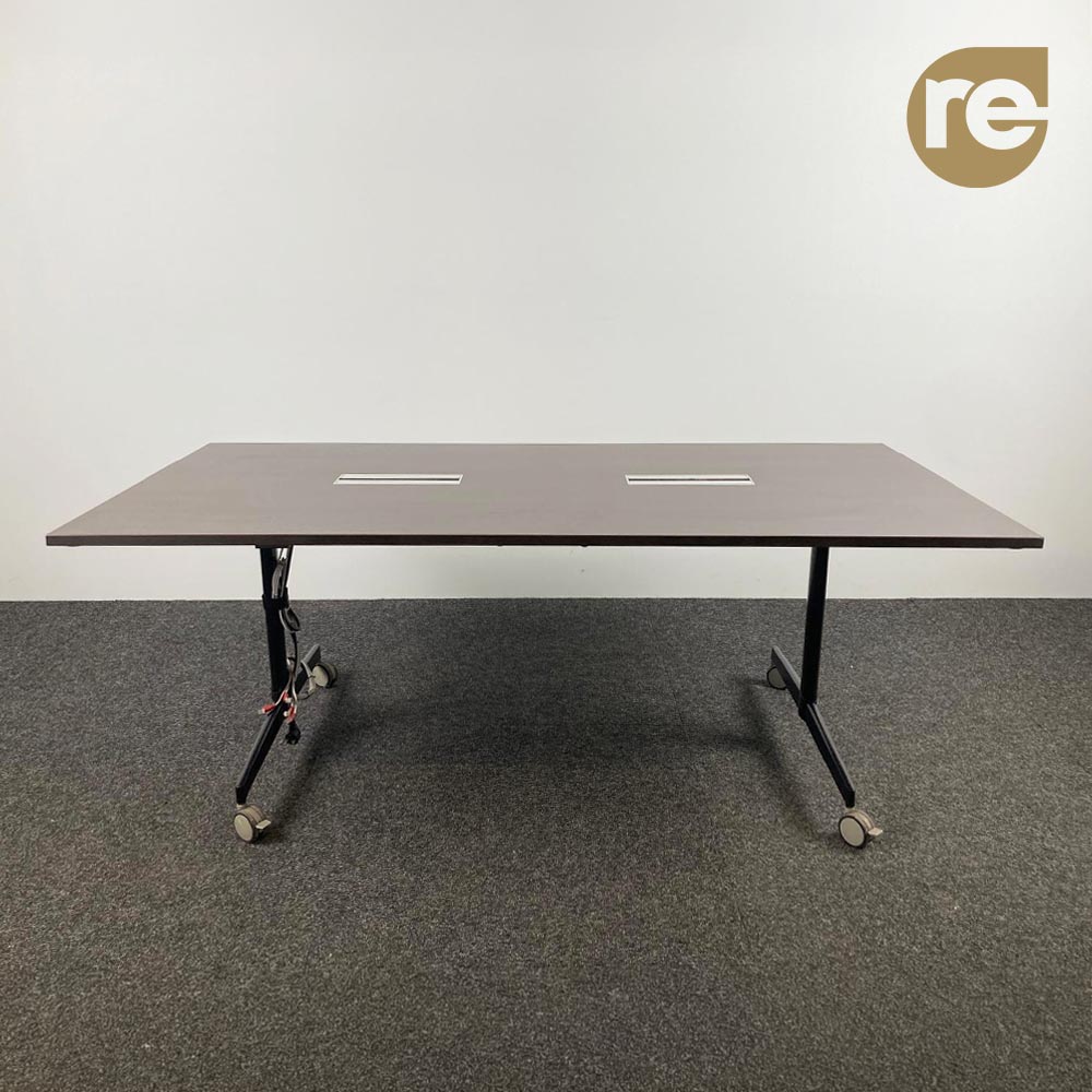 Table de réunion B200xD100xH73 - hpl bois foncé / métal noir pied en t